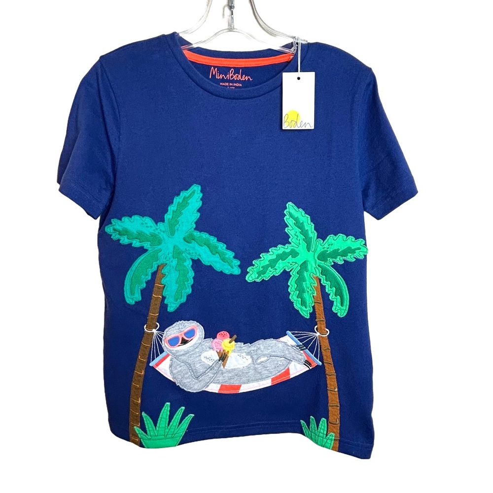 Mini Boden NWT Starboard Blue Sloth Chilling Cotton Tee Shirt Size 9-10